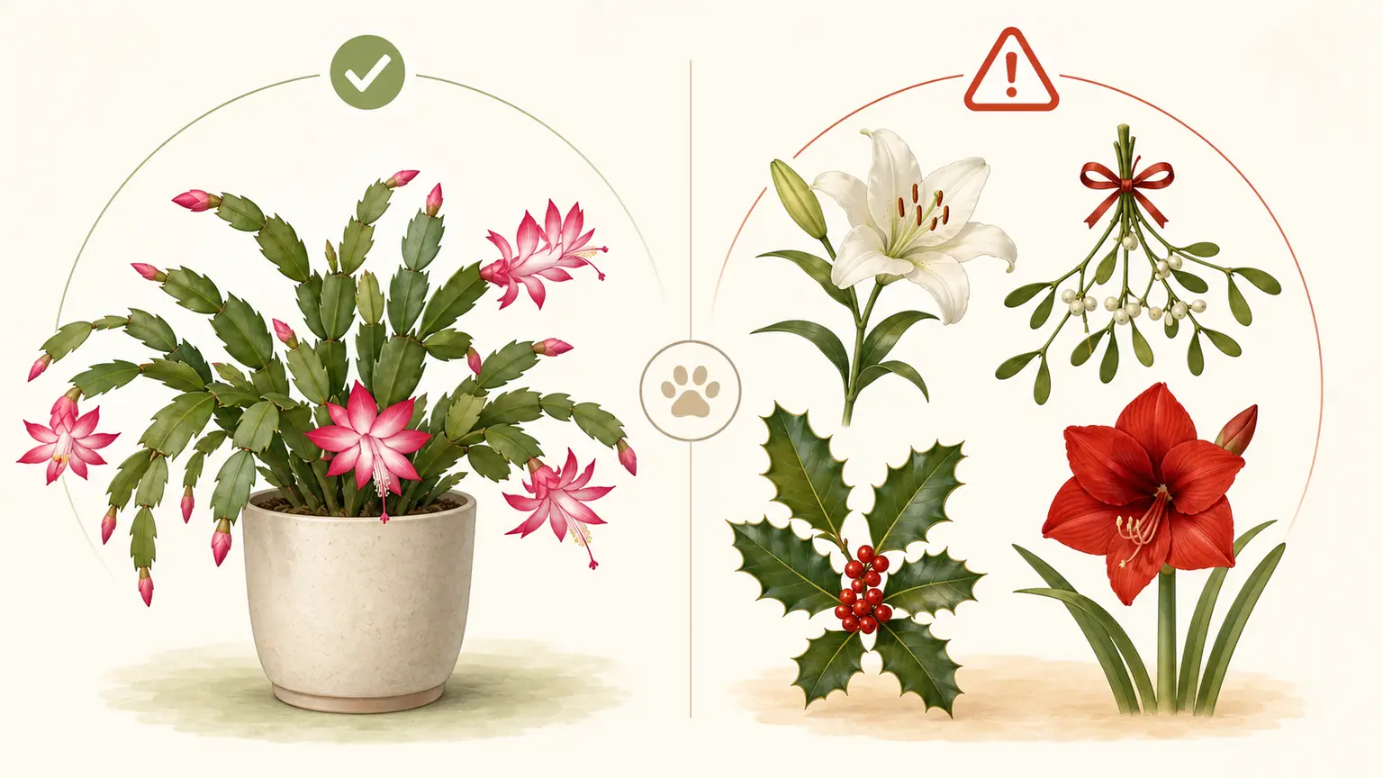 Illustrated comparison of Christmas cactus with more concerning holiday plants for pets