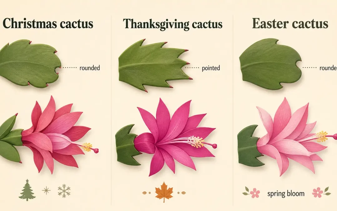 Illustrated comparison of Christmas cactus, Thanksgiving cactus, and Easter cactus segment shapes and flowers