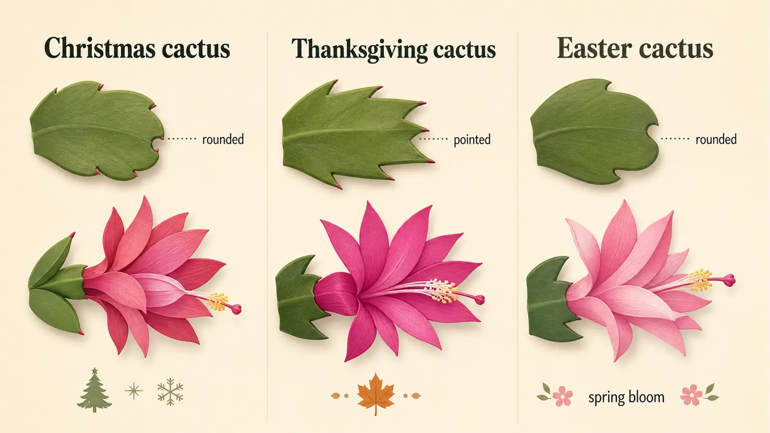 Illustrated comparison of Christmas cactus, Thanksgiving cactus, and Easter cactus segment shapes and flowers