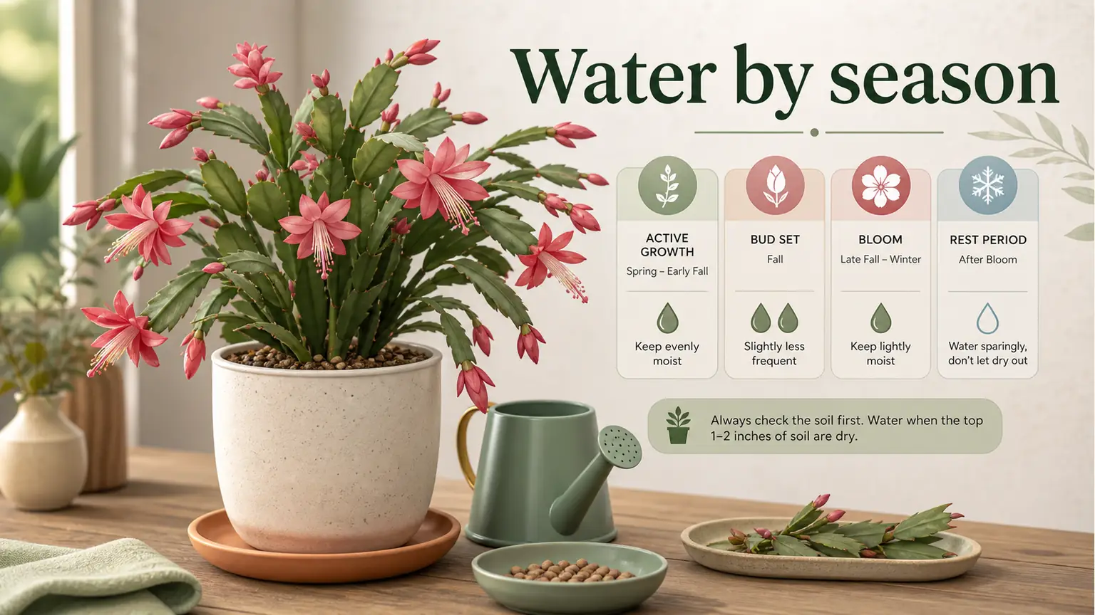 Editorial 3D Christmas cactus watering guide with seasonal watering cues