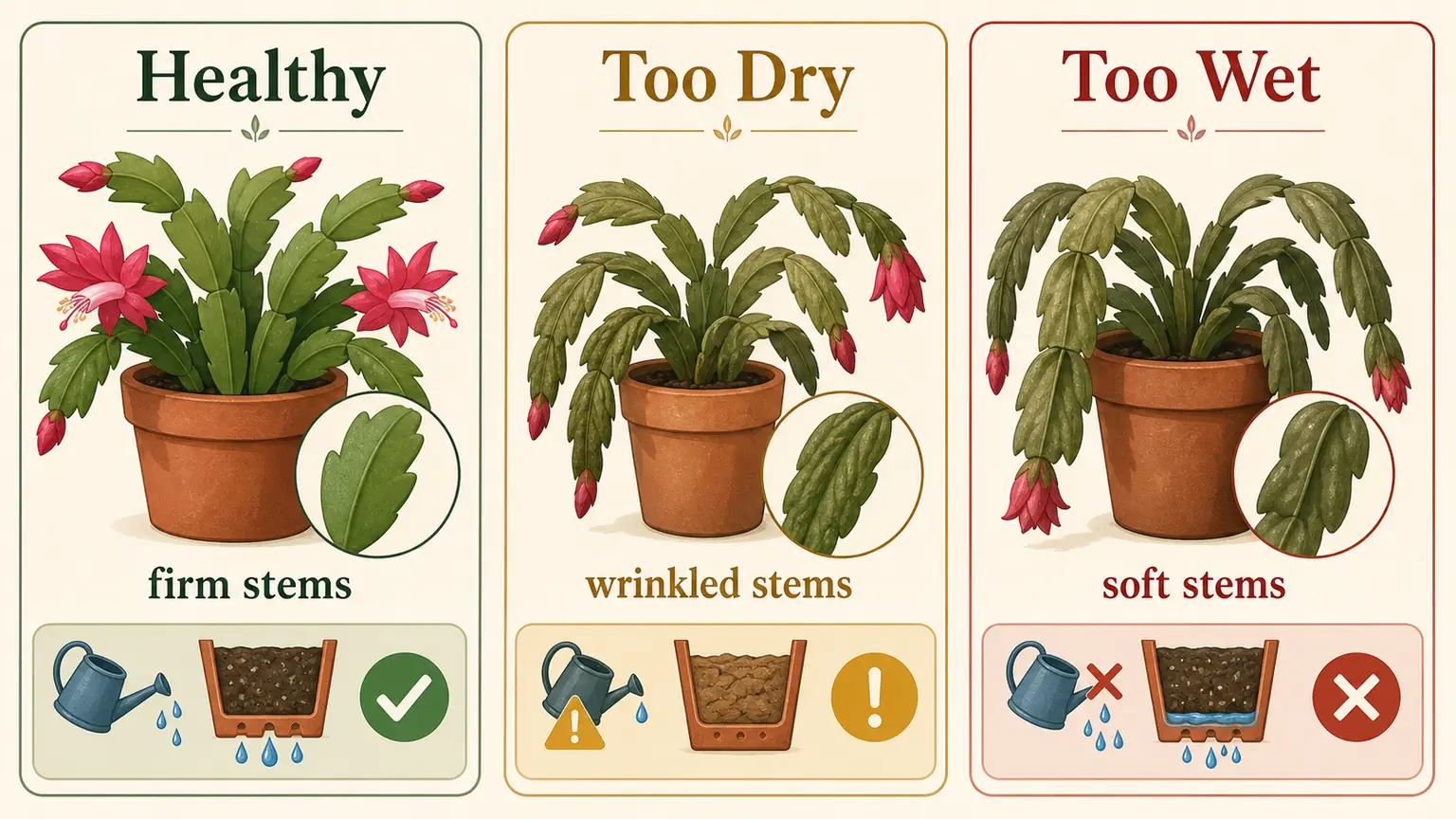 Illustrated Christmas cactus watering problem guide comparing healthy, too dry, and too wet stems