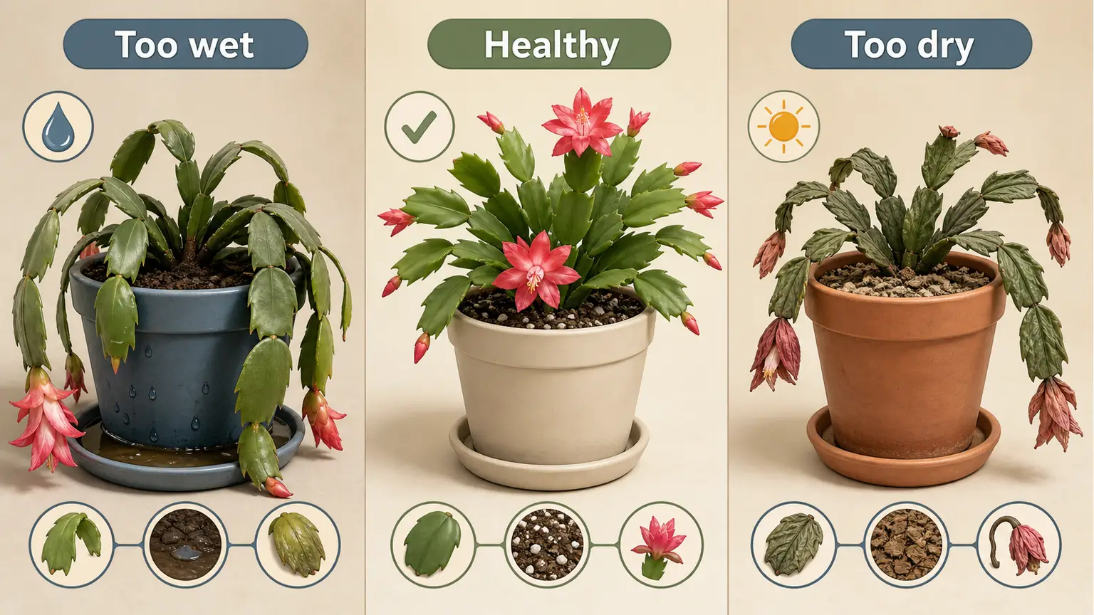 Premium illustrated Christmas cactus comparison showing healthy, too dry, and too wet plants