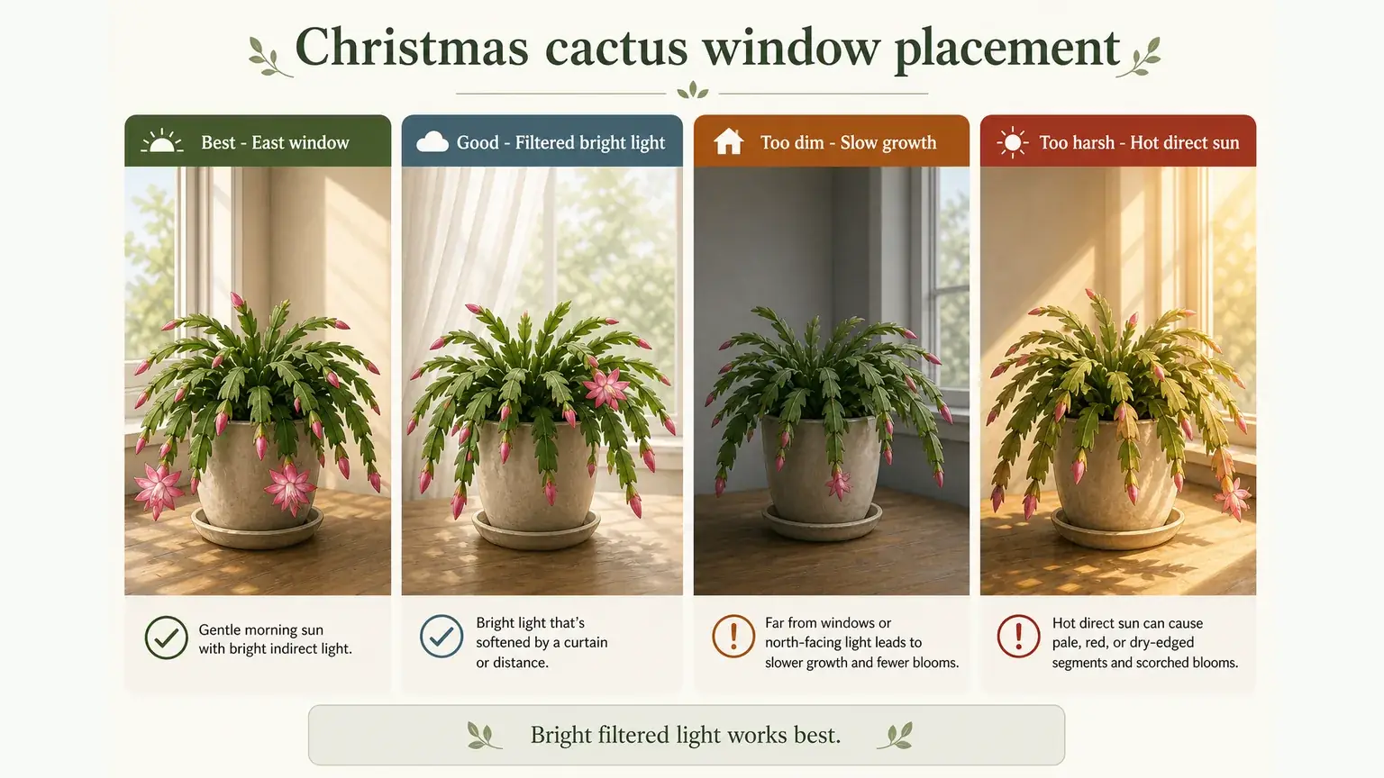 Labeled Christmas cactus window placement comparison showing best, good, too dim, and too harsh light