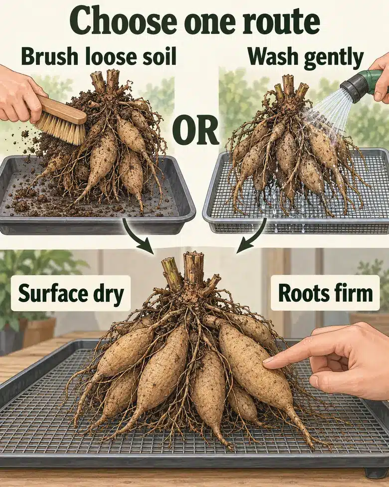 Two illustrated dahlia preparation routes lead to a surface-dry, intact clump before packing.
