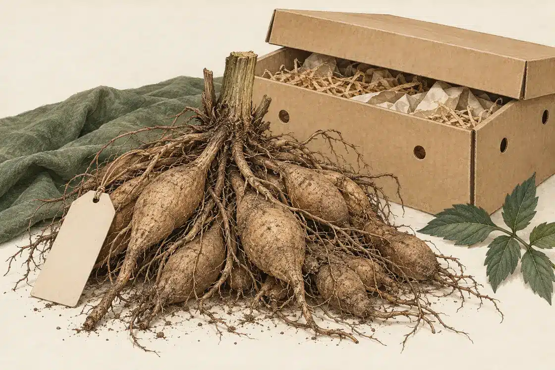 Botanical illustration of intact dahlia clumps beside a ventilated winter storage box.