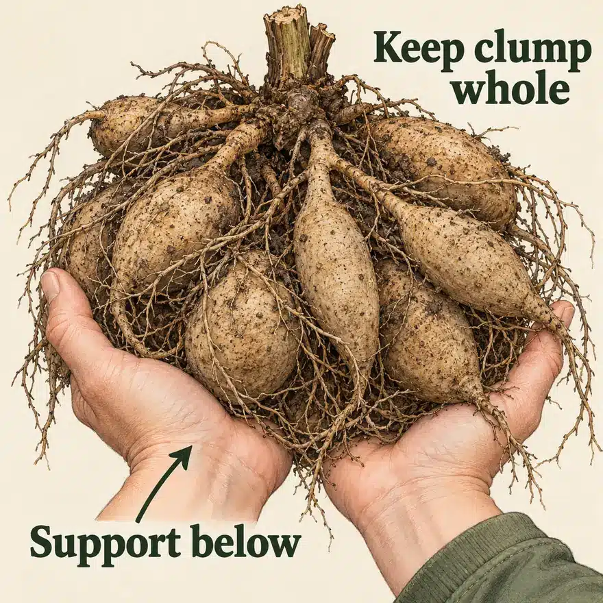 Illustrated hands supporting an intact dahlia clump beneath its roots.