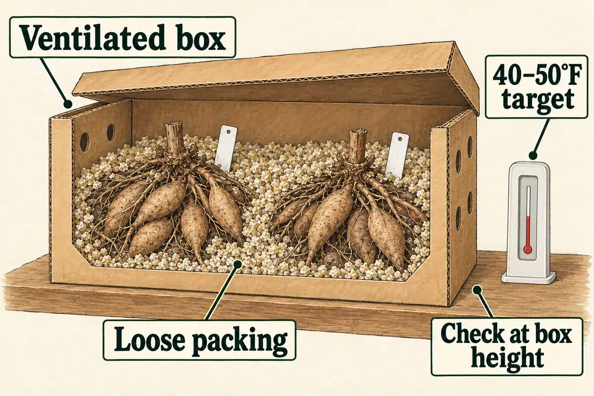 Cutaway illustration of intact dahlia clumps in loose packing beside a thermometer at box height.