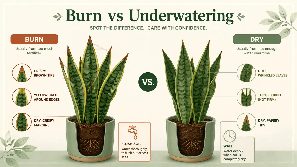 snake plant fertilizer burn versus underwatering symptom comparison