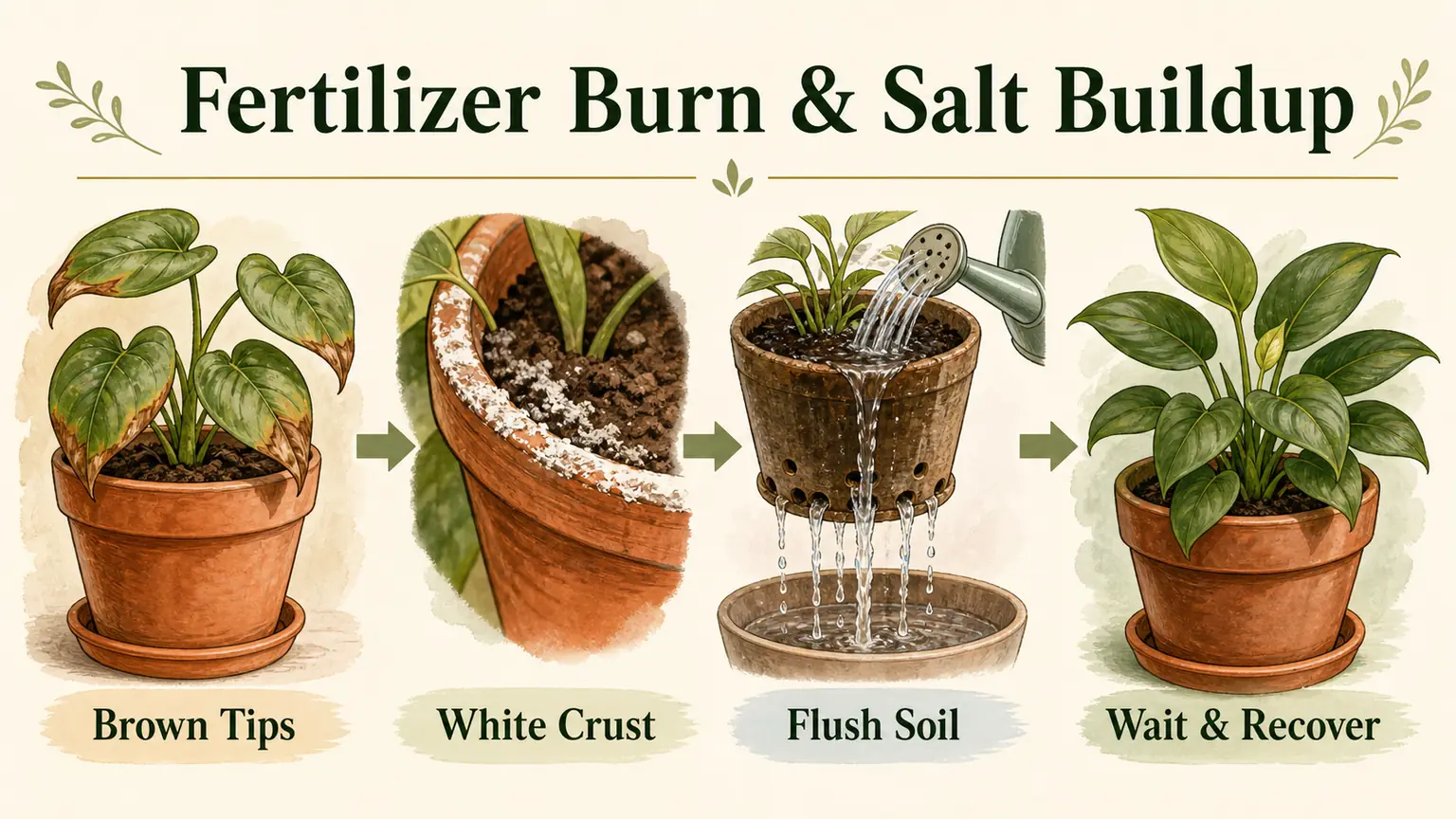 Illustrated fertilizer burn and salt buildup guide with brown tips, white crust, flushing, and recovery