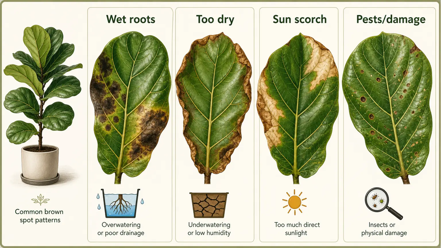 Illustrated fiddle leaf fig brown spot guide comparing wet roots, too dry, sun scorch, and pest damage