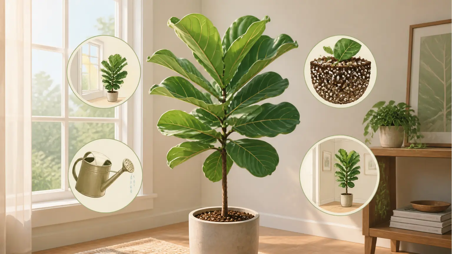Premium illustrated fiddle leaf fig care guide showing bright window light, watering, soil, and stable placement