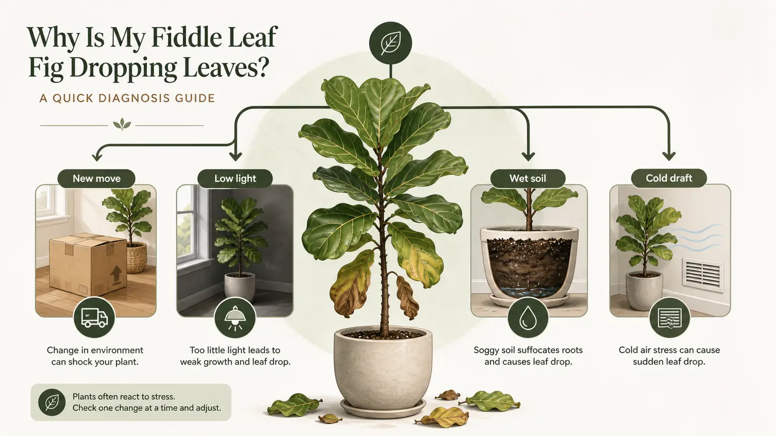 Illustrated fiddle leaf fig leaf drop flowchart for moving shock, low light, wet soil, and cold drafts