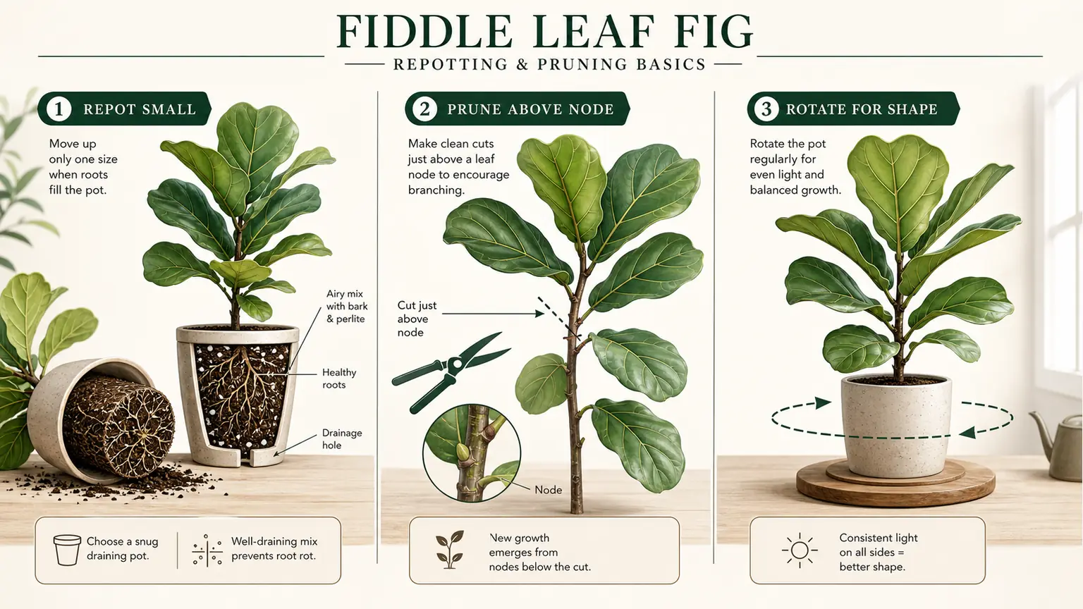 Illustrated fiddle leaf fig repotting and pruning guide with snug pot, node cut, and rotation cues