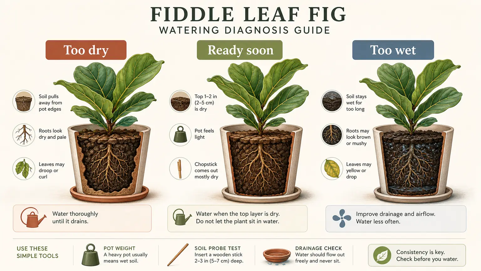 Illustrated fiddle leaf fig watering diagnosis with dry, ready soon, and too-wet root zones