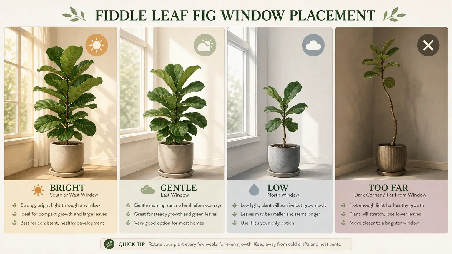 Illustrated fiddle leaf fig window placement guide comparing bright, gentle, low, and too-far positions