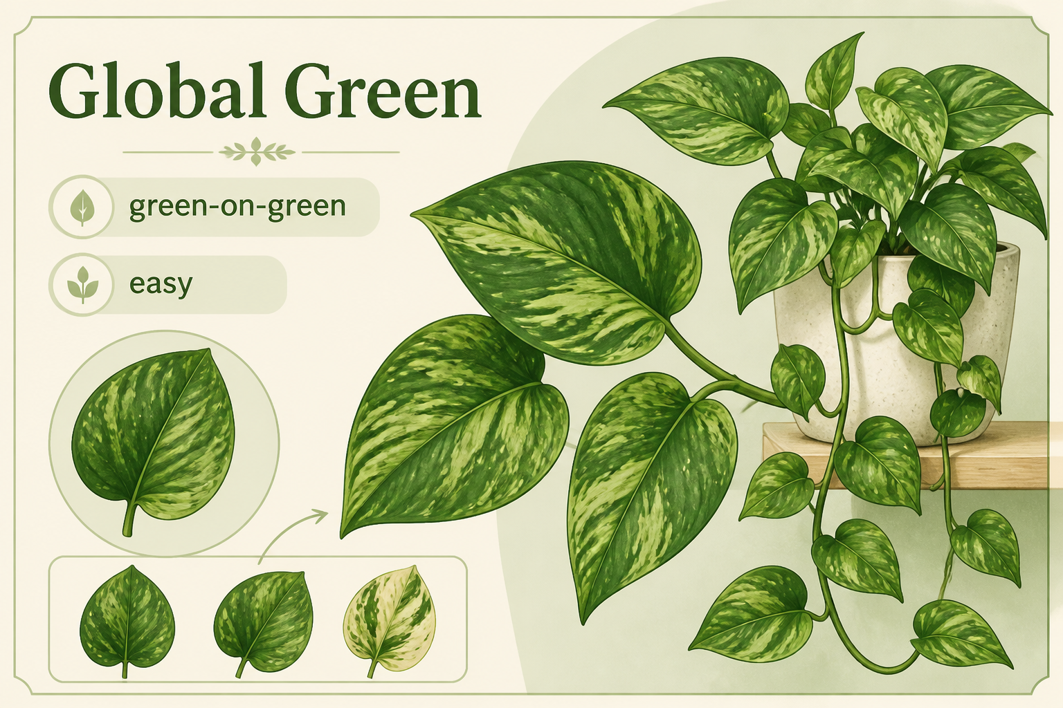 Illustrated visual ID guide for Global Green Pothos showing its typical leaf pattern
