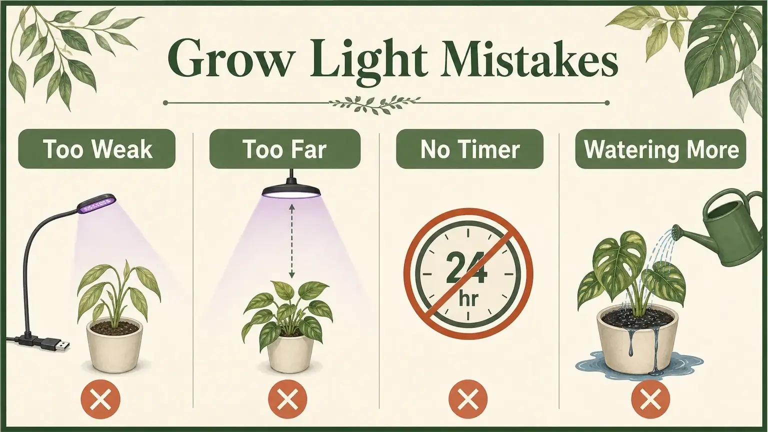 Illustrated common grow light mistakes for indoor plants
