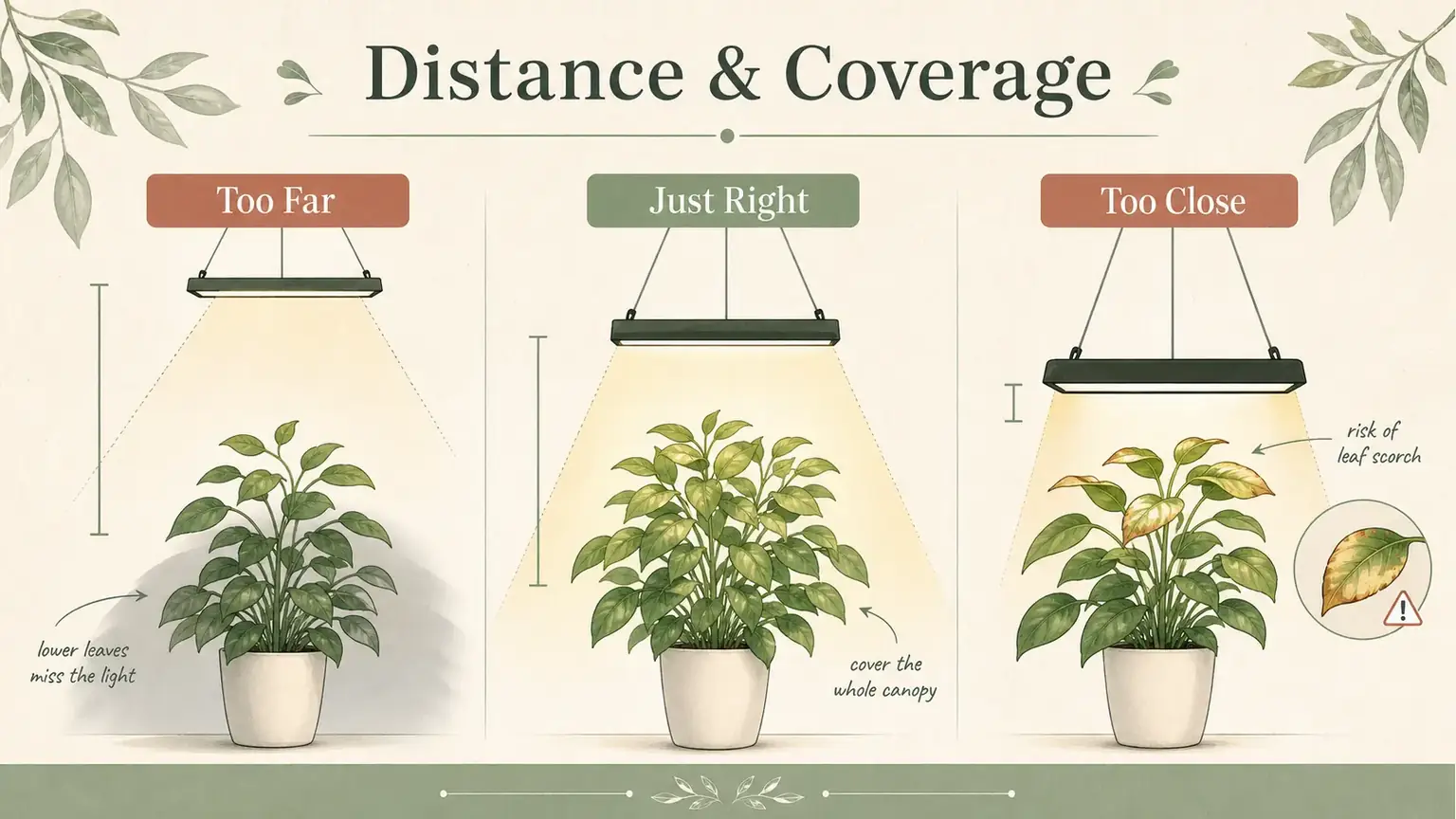 Illustrated guide showing grow light distance and coverage for indoor plants