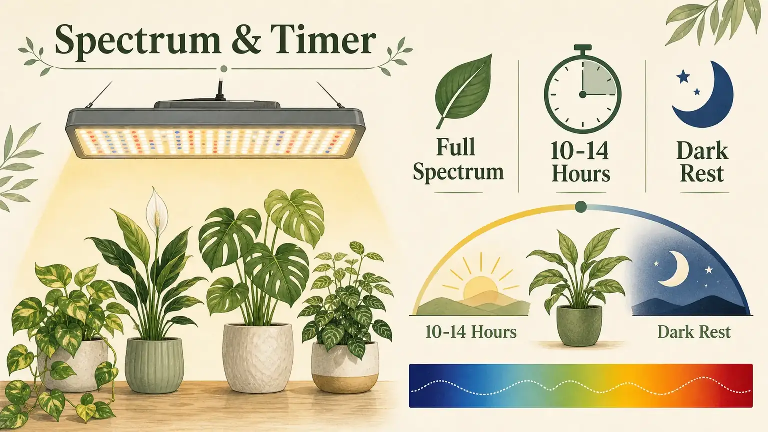 Illustrated full-spectrum grow light and timer guide for houseplants