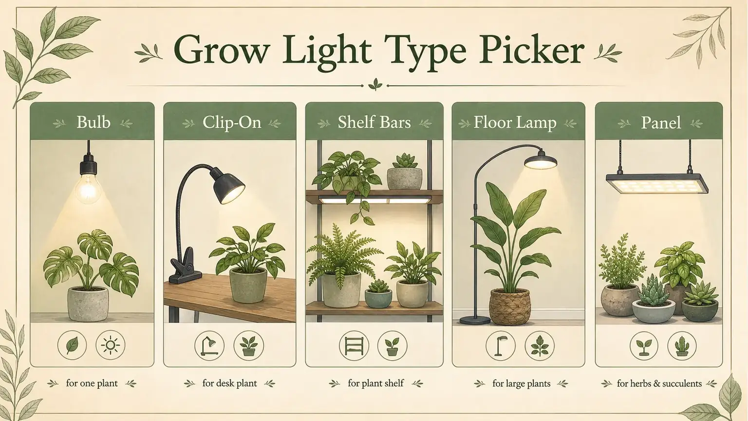 Illustrated picker comparing grow light types for indoor plants