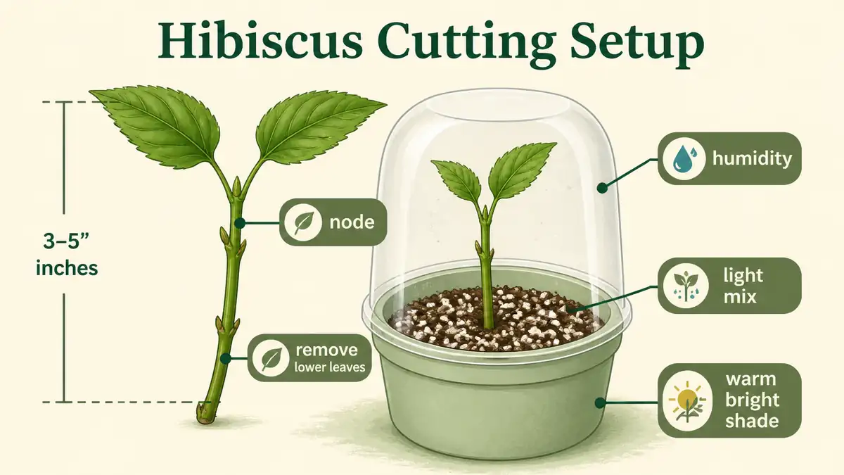 hibiscus propagation cutting setup showing node lower leaves removed rooting mix and humidity