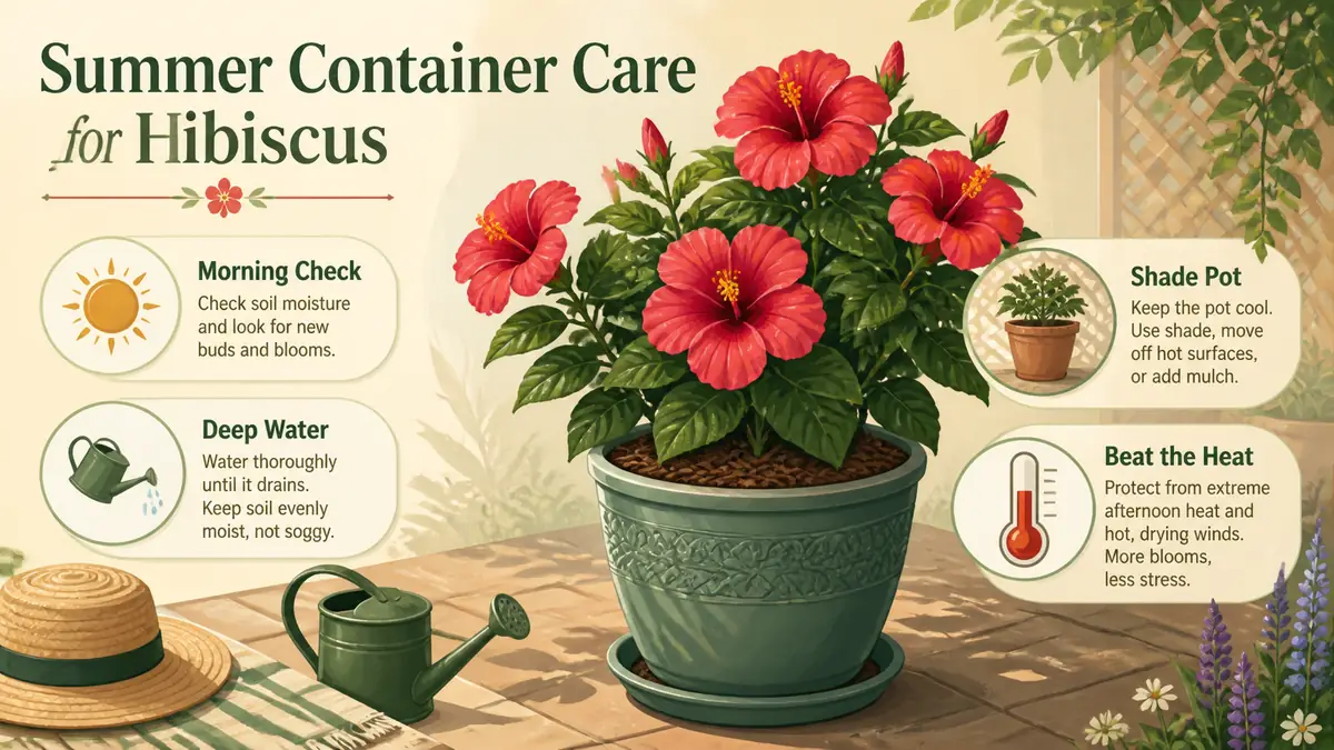 potted hibiscus summer sun water heat care guide