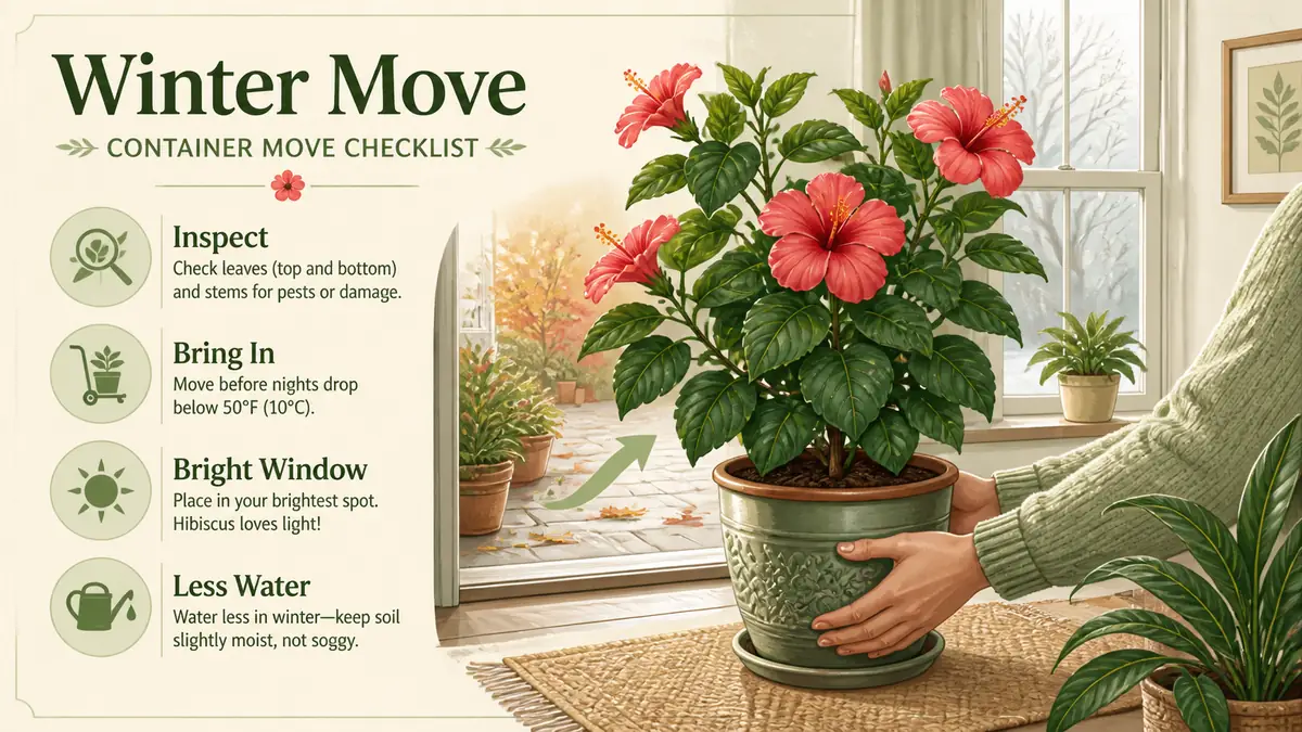potted hibiscus winter move indoors checklist