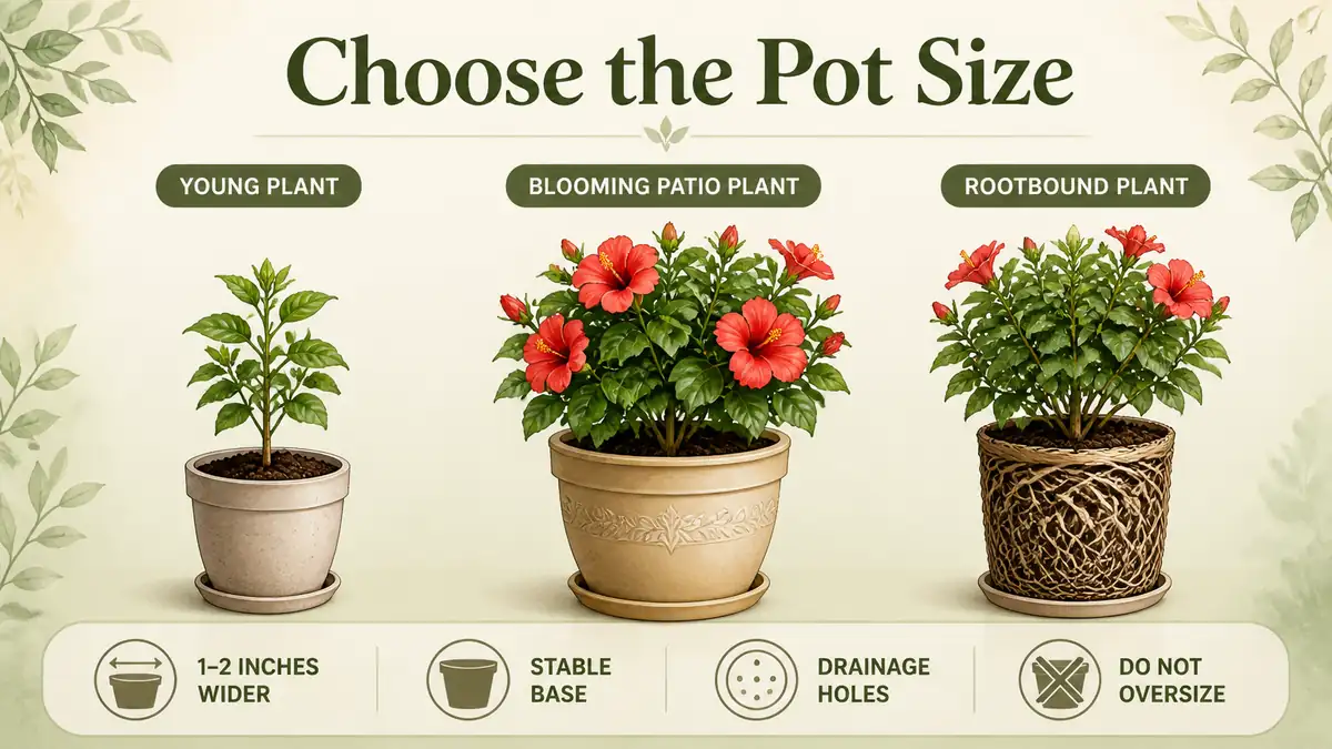 hibiscus pot size chart showing plant size pot diameter drainage and stability