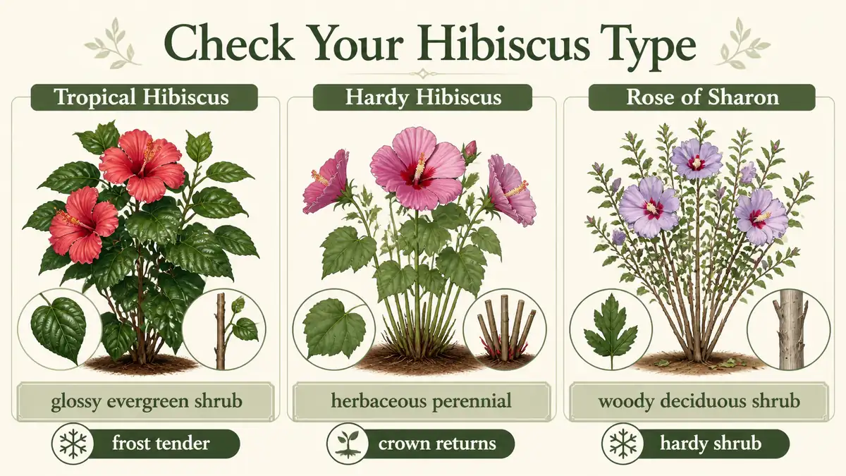 hibiscus type comparison showing tropical hibiscus hardy hibiscus and rose of sharon leaves stems and winter clues