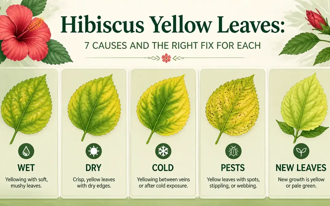 hibiscus yellow leaves pattern check wet dry pests cold nutrients