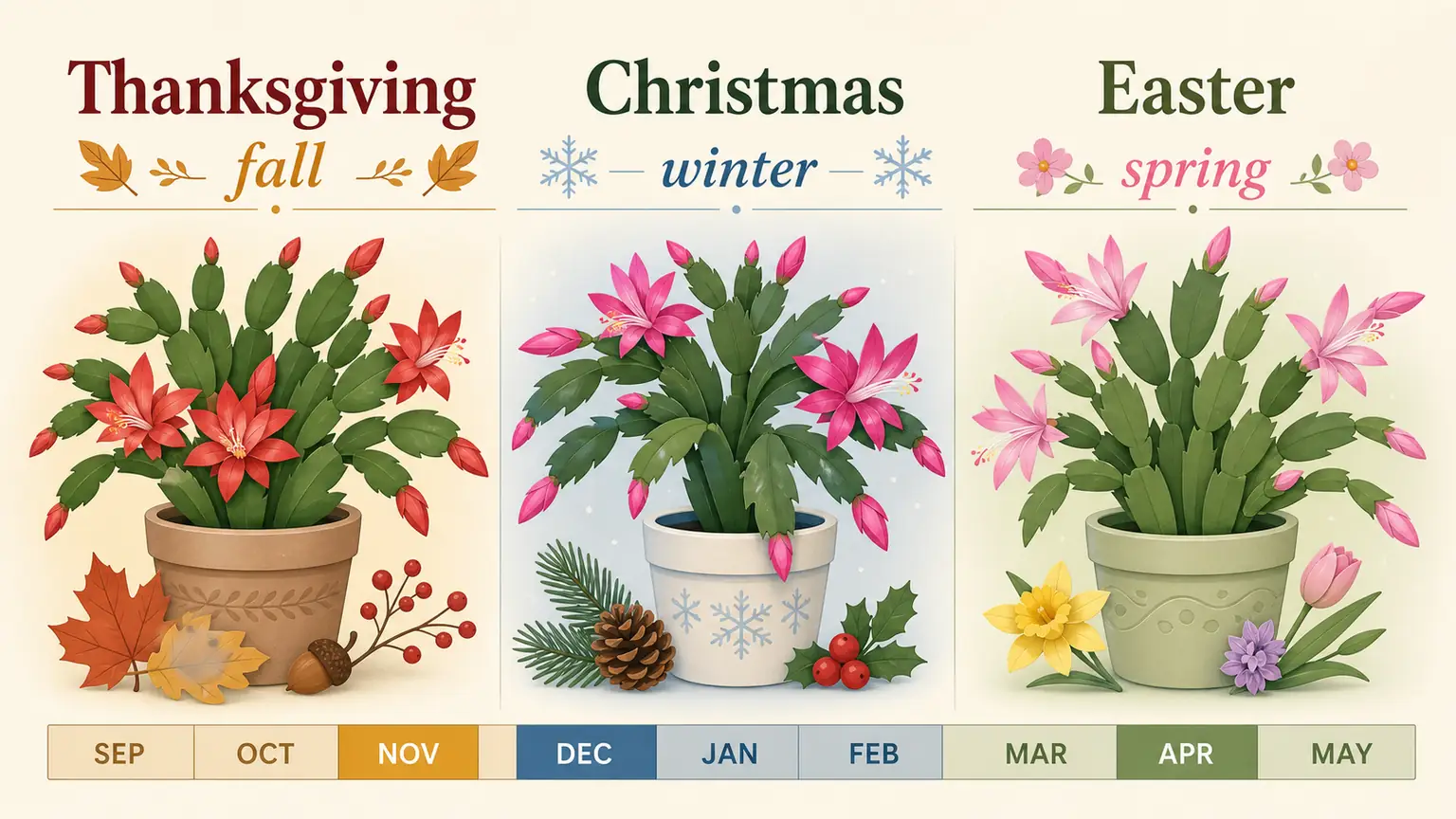 Illustrated holiday cactus bloom season comparison for Thanksgiving, Christmas, and Easter cactus
