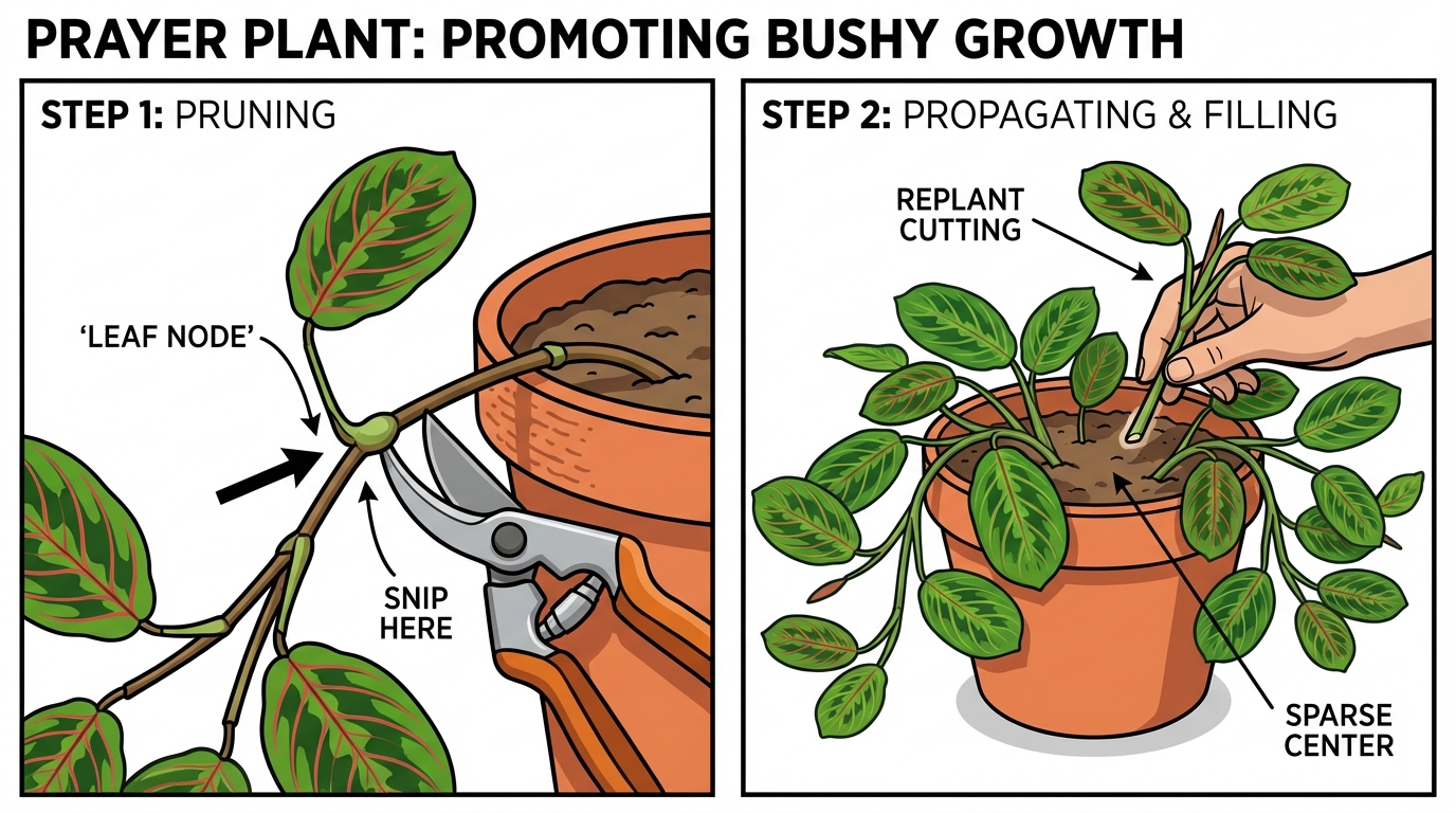 A two-panel instructional diagram showing how to snip a prayer plant stem at the node and replant it in the pot.