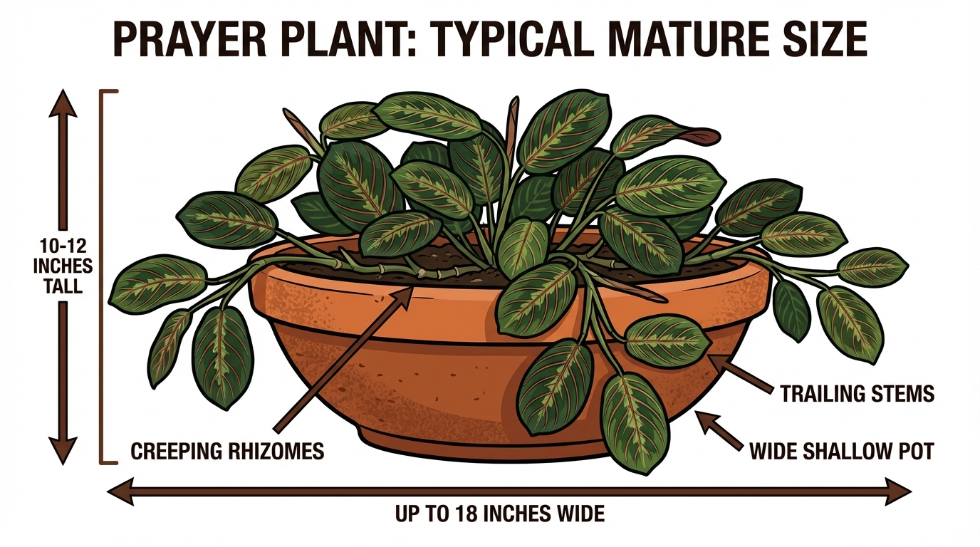 A labeled diagram of a prayer plant showing its 12-inch height and 18-inch width with creeping stems.