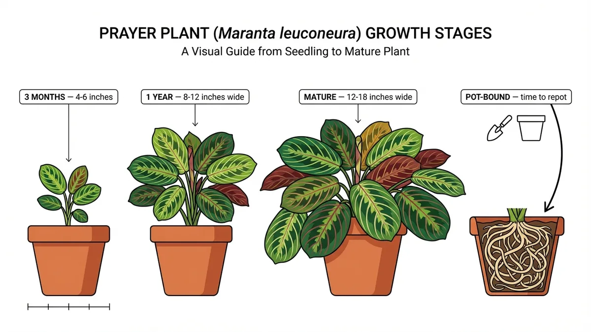 Prayer plant growth stages from 3 months to mature size showing 12-18 inch spread, and how big prayer plant get