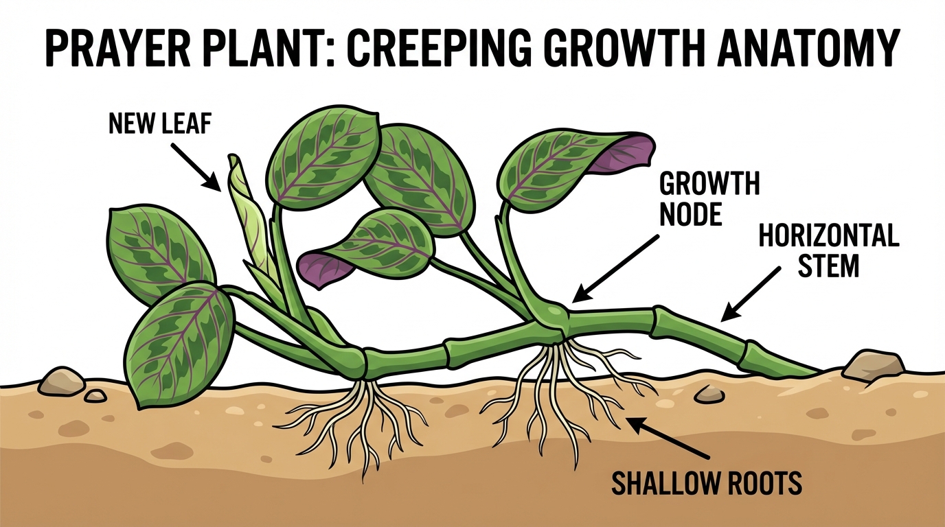 Anatomy of a prayer plant's horizontal stem showing growth nodes, new leaves, and its spreading habit.