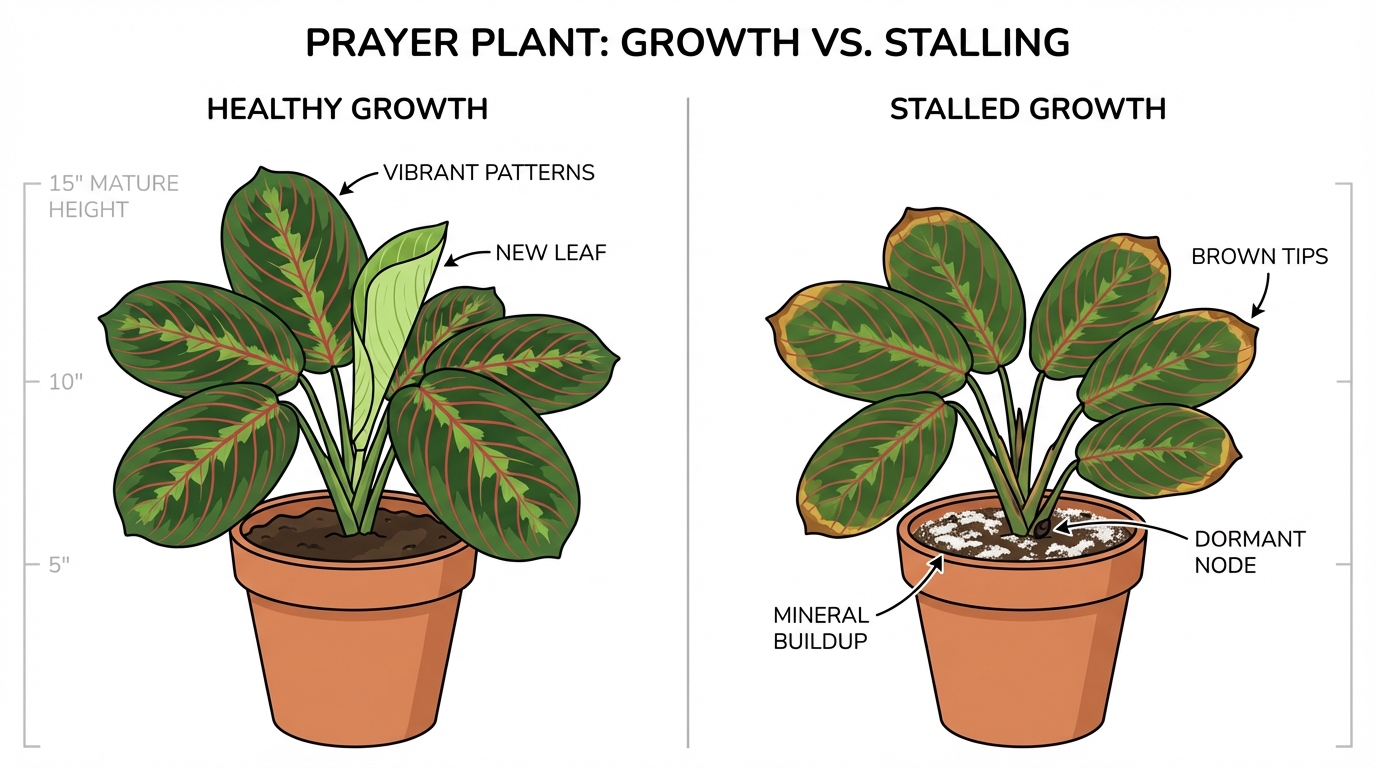 Side-by-side comparison of a healthy prayer plant with new growth and a stalled plant with brown tips and mineral crust.