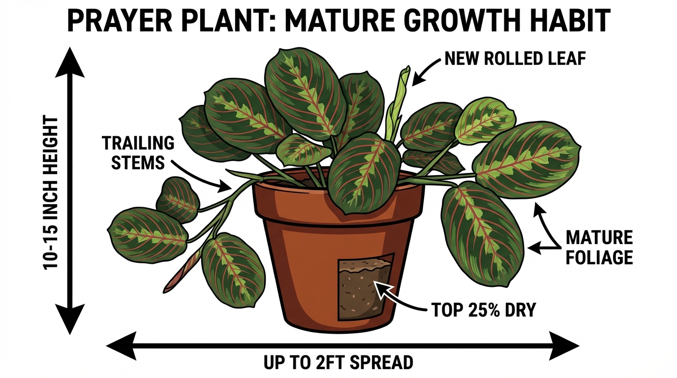 Botanical illustration of a prayer plant showing its 15-inch height and 24-inch horizontal spread with measurement labels.