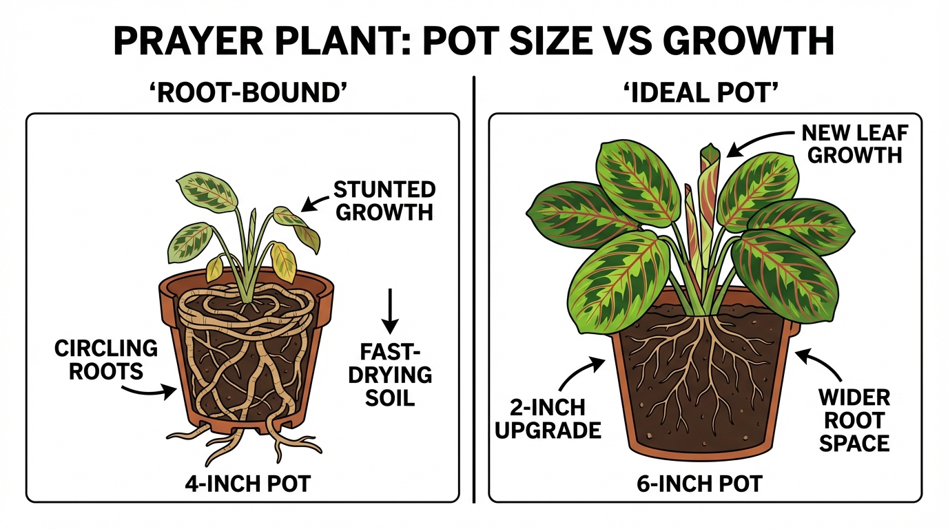 Comparison of a root-bound prayer plant in a small pot and a healthy plant with new growth in a wider container.