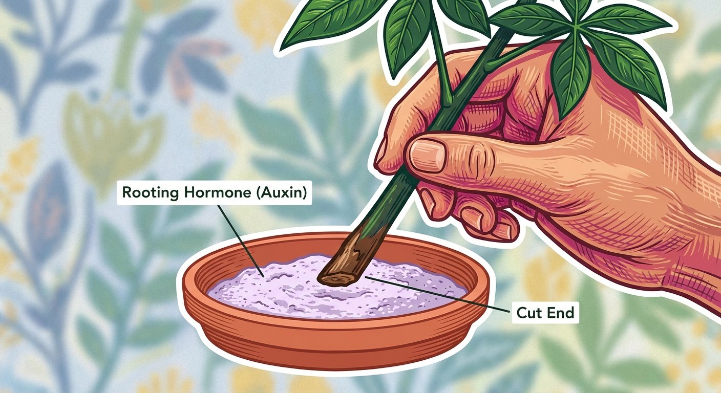 Applying rooting hormone for how to propagate money tree in soil - Step 4