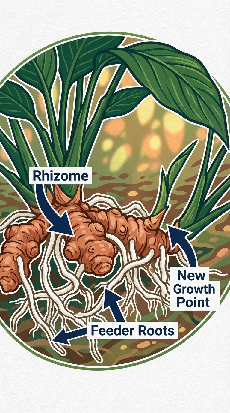 Understanding rhizome structure when learning how to propagate peace lily.