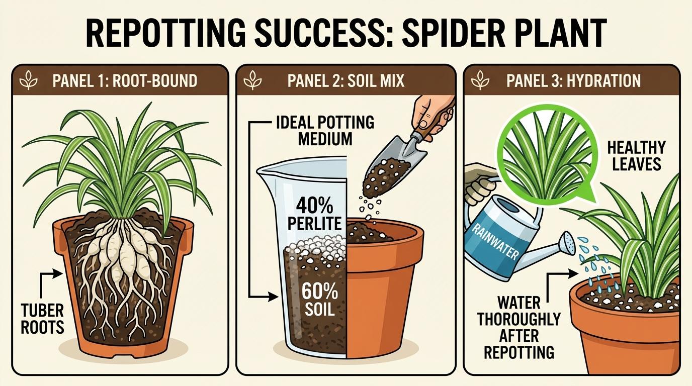 how to repot spider plant guide showing tuber roots, the soil perlite ratio, and rainwater usage.