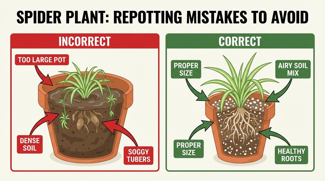 how to repot spider plant mistakes showing side-by-side comparison of correct vs incorrect pot size and soil.