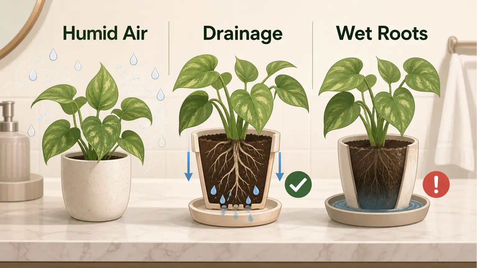 Illustrative guide comparing humid bathroom air, drainage, and wet root risk