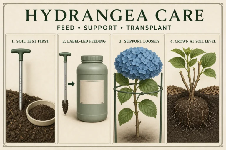 Stylized 3D botanical hydrangea care plate showing soil testing before feeding, label-led fertilizer use, loose support for a flower head, and a crown kept at soil level during transplanting