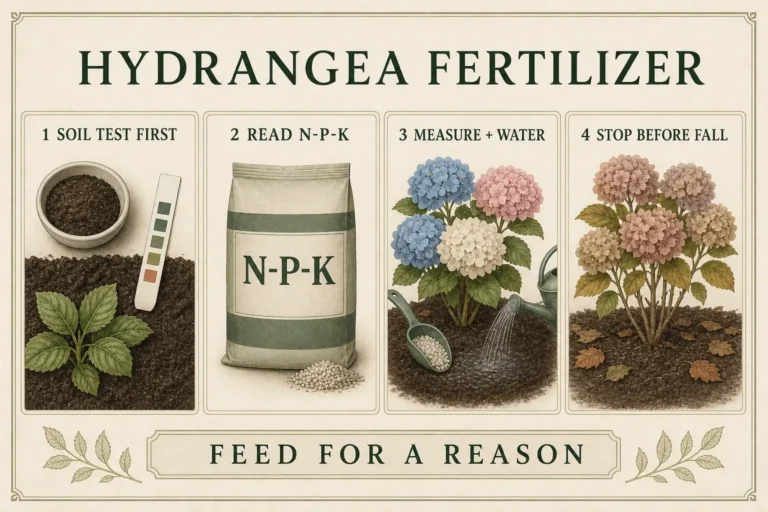 Hydrangea fertilizer care plate showing soil testing, reading N-P-K, measured feeding, and stopping before fall