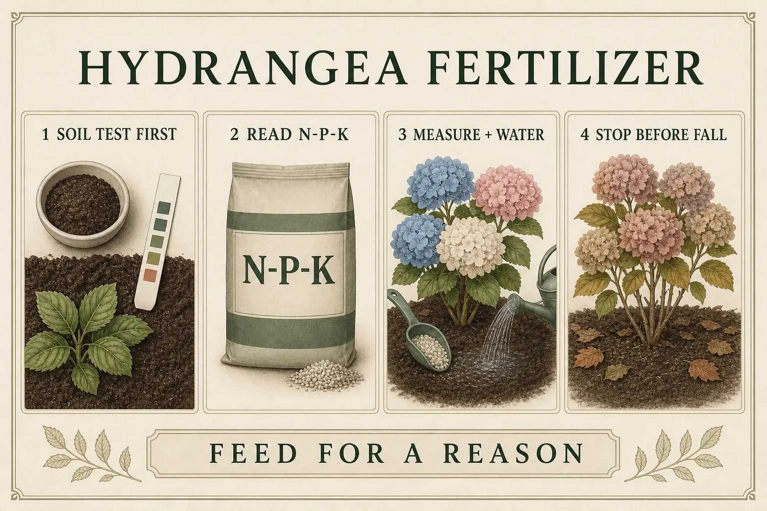 Hydrangea fertilizer care plate showing soil testing, reading N-P-K, measured feeding, and stopping before fall