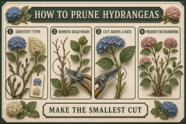 Hydrangea pruning care plate showing how to identify the type, remove dead wood, cut above a bud, and preserve the framework