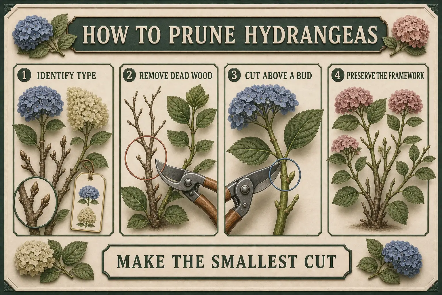 Hydrangea pruning care plate showing how to identify the type, remove dead wood, cut above a bud, and preserve the framework