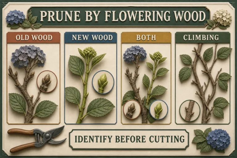 Stylized 3D hydrangea pruning guide comparing old wood flower buds on bigleaf and oakleaf stems with new wood growth on panicle and smooth hydrangeas