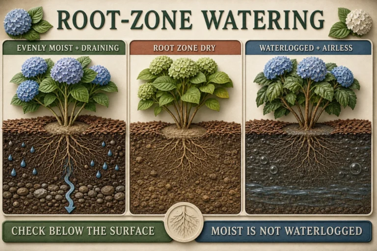Stylized 3D hydrangea root-zone diagram comparing evenly moist draining soil, dry root zone, and waterlogged soil as an inspection stop